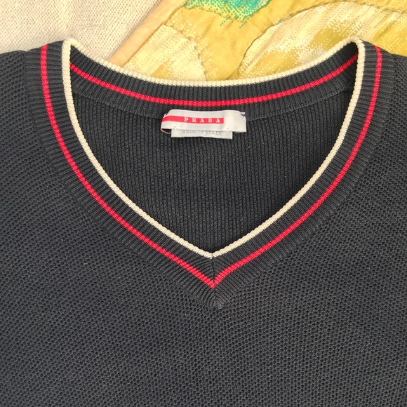 Vintage mens Navy Prada sweater. V neck with trim. Size M-L - Picture 2 of 7
